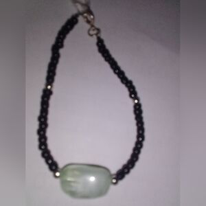 Handmade Black Beaded Necklace with Light Green Pendant
